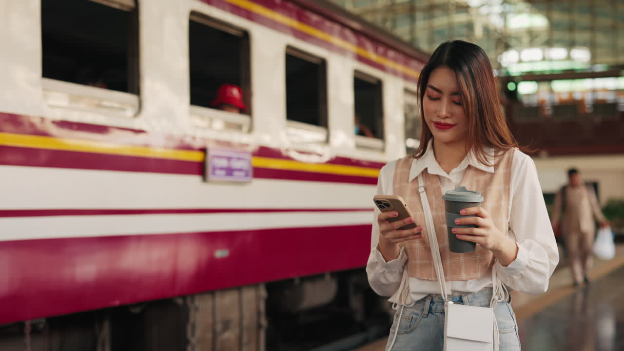 Woman waiting for train at station, drinking coffee and using phone