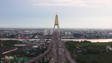 drone view of kanchanaphisek bridge,chao phraya river, traffic and more, bangkok thailand