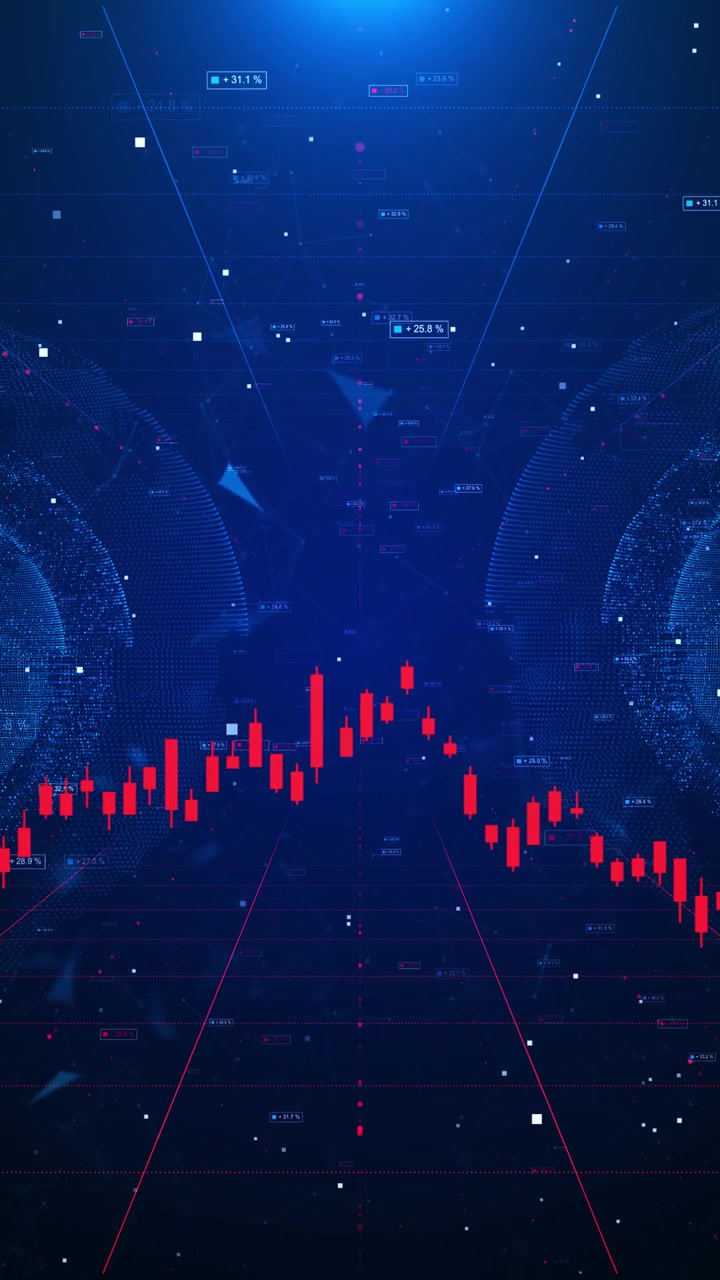 Grafico digitale del mercato azionario con candele rosse, sfere globali blu, dati finanziari e griglia futuristica