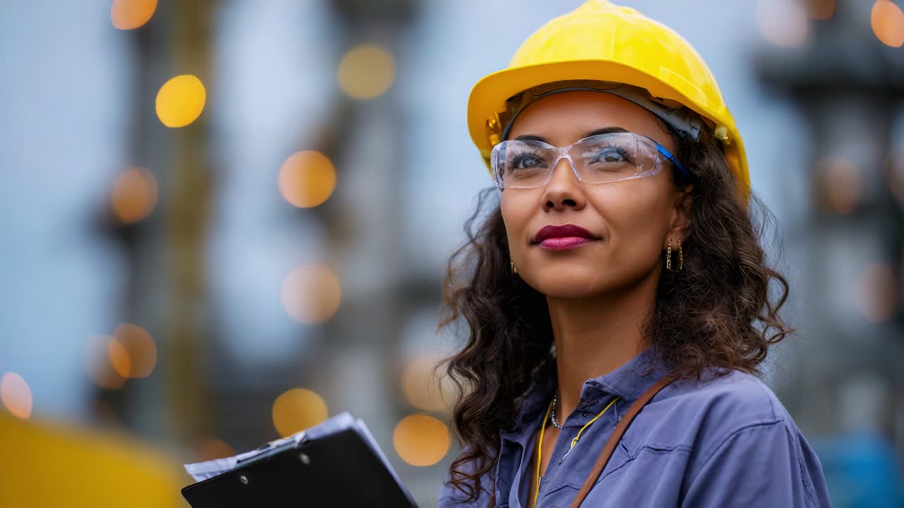 Una donna edile sicura di sé, con occhiali di sicurezza, un cappello giallo e una maglietta grigia, è in piedi con orgoglio mentre tiene in mano un blocco appunti all'aperto, mostrando la sua professionalità in un ambiente di lavoro vivace e illuminato