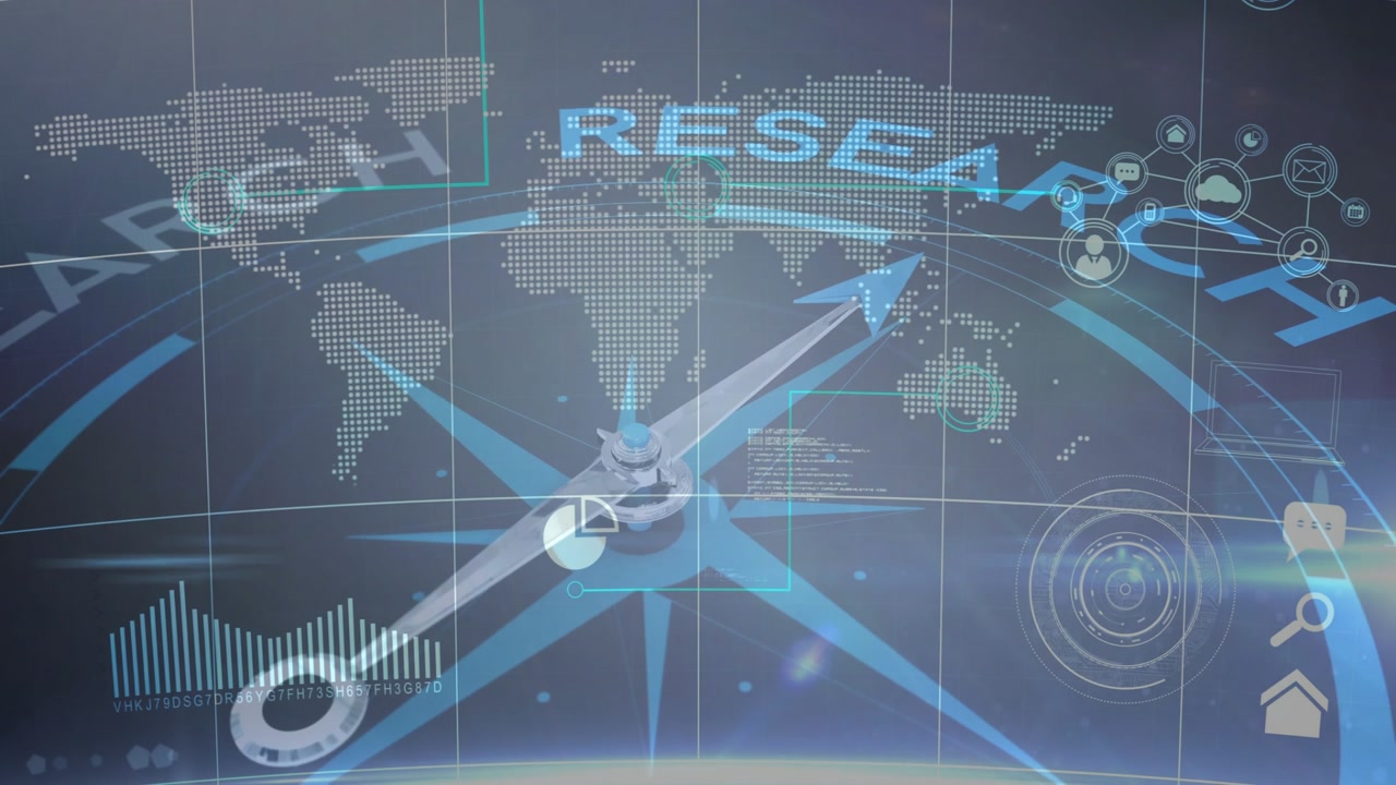 HUD loading, needle with blue tip turning NE, charts moving, icons glowing, highlighting RESEARCH