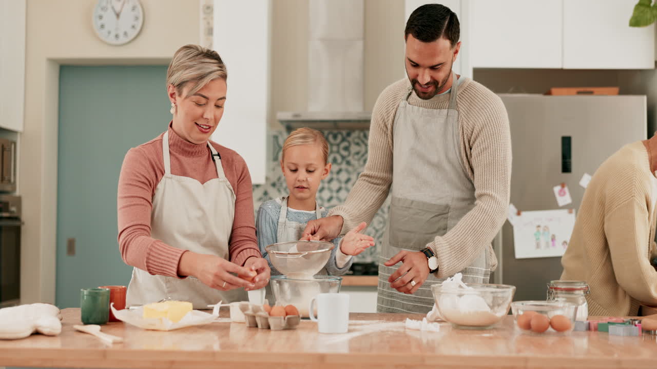 Family, teaching or girl baking with parents