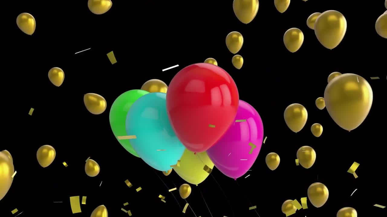 animación de globos dorados y coloridos que se elevan y confeti dorado que cae sobre un fondo negro