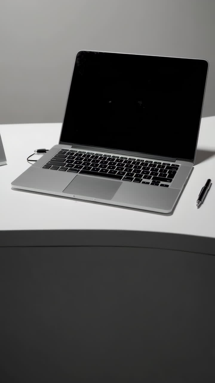 Laptop auf einem weißen Schreibtisch mit einem Schild