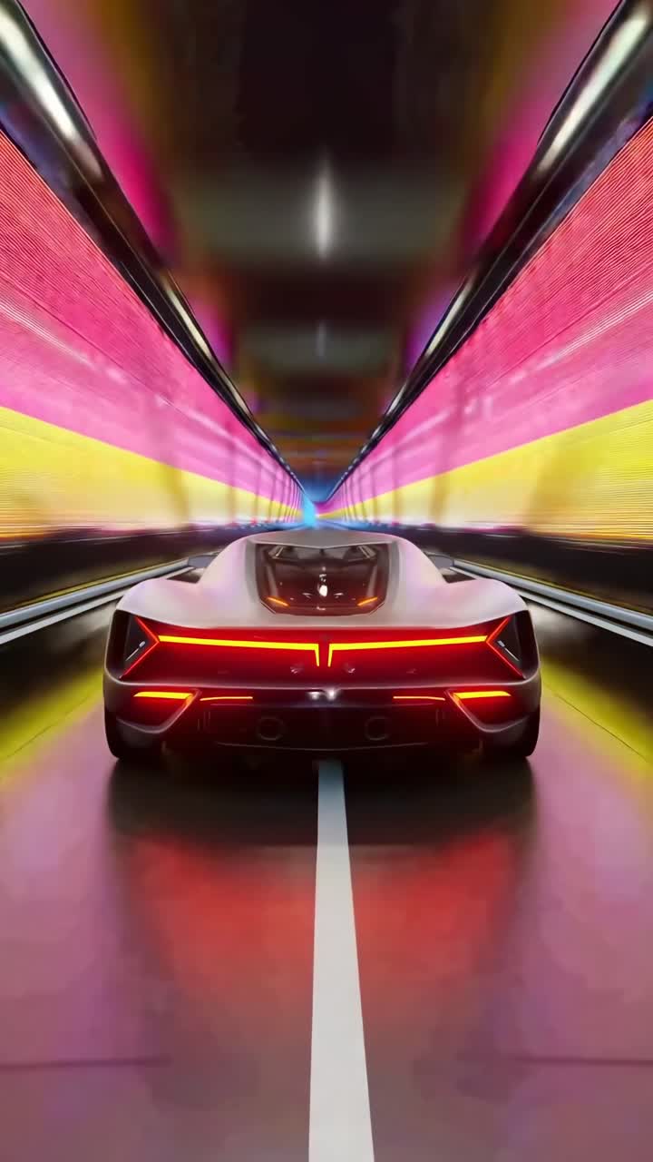 Auto futuristica in un tunnel illuminato al neon, vista posteriore. Perfetta per un concept video dinamico. Animazione live.