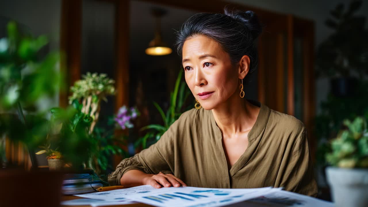 A focused woman thoughtfully examines charts and data in a serene indoor environment, surrounded by vibrant plants, reflecting a moment of contemplation and insight in her work
