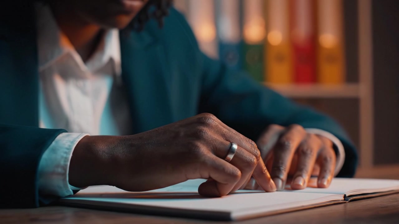 A focused individual in a suit engages in detailed writing and note-taking, showcasing determination and professionalism in a well-organized workspace.