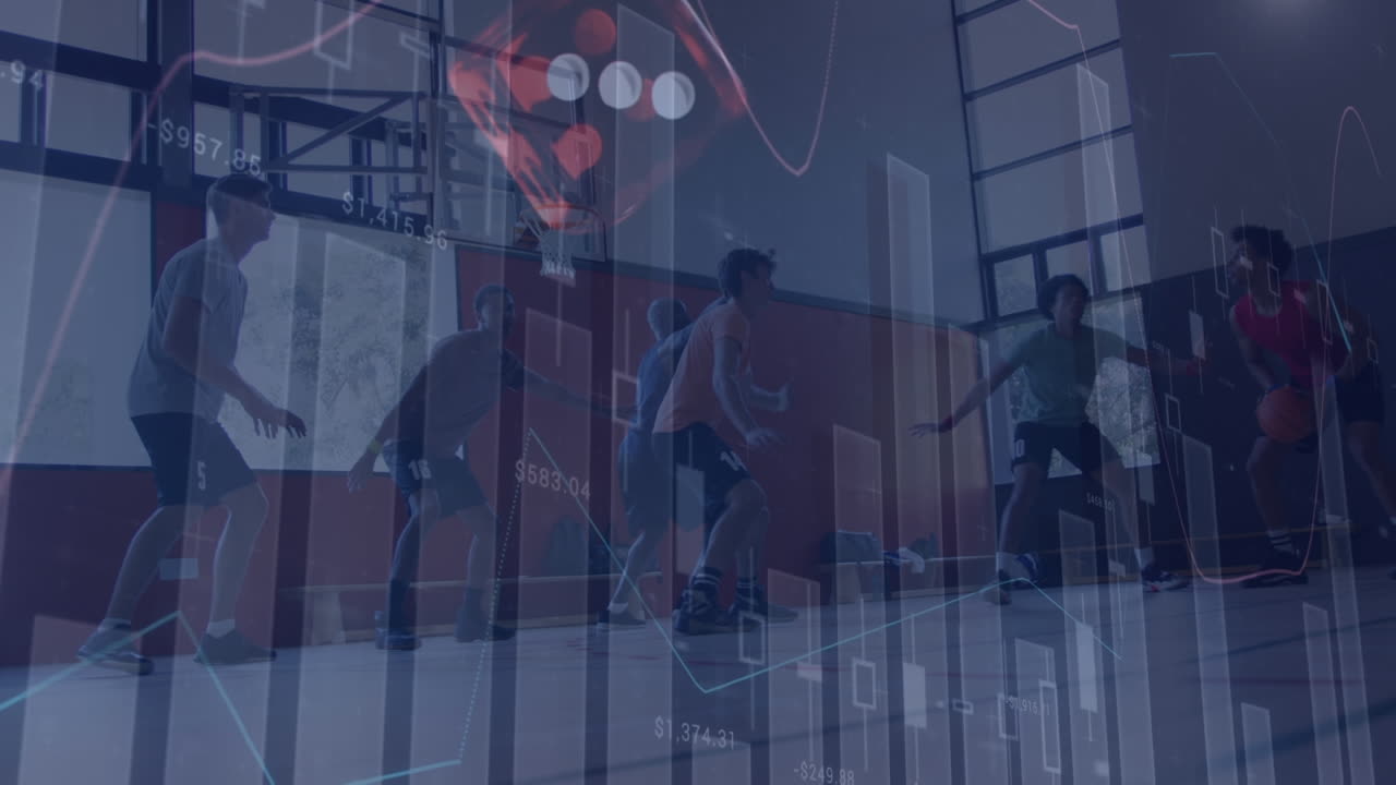 Animation of financial data processing over diverse basketball player