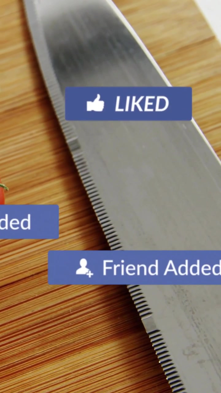 Cursor clicking SUBSCRIBE badge, sliding UI badges overlapping knife and tomato for subs, kitchen
