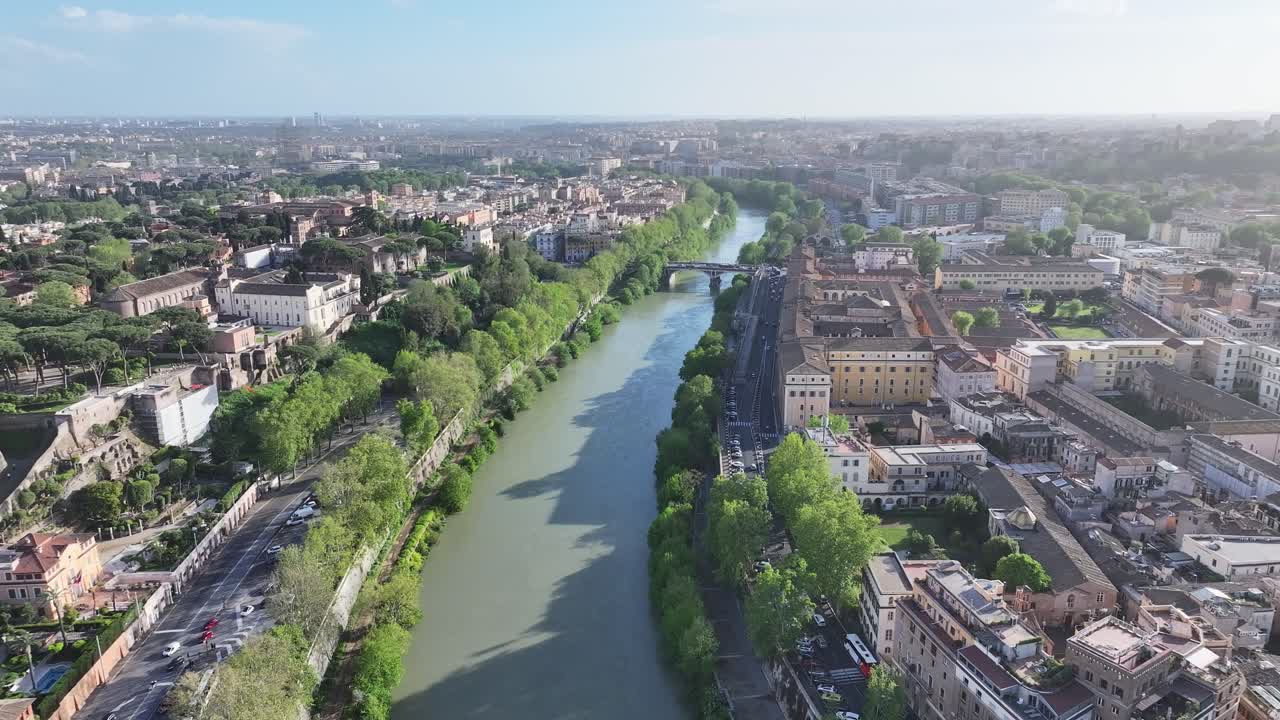 Tiber River At Rome In Lazio Italy. Medieval Buildings. Downtown District. Tiber River At Rome In Lazio Italy. Archaeological Park. Cultural Heritage. Rome Skyline.