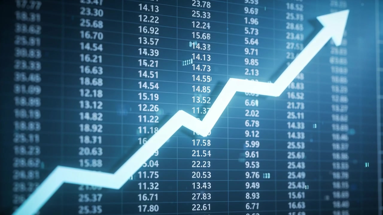 Animazione di una freccia bianca a zigzag che sale sullo schermo del mercato sopra i numeri, segnalando un guadagno