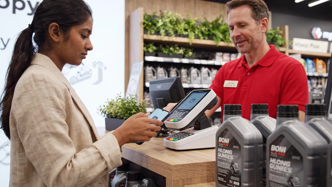 Cliente interagindo com sistema de pagamento de varejo no balcão de checkout, demonstrando métodos de transação modernos em um ambiente de loja acolhedor.