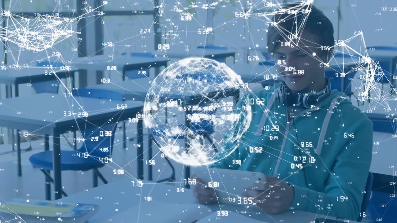 анимация глобуса сети соединений и обработки данных над мальчиком с помощью планшета