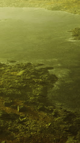 ethereal landscape at dawn revealing a misty water edge and rocky shore