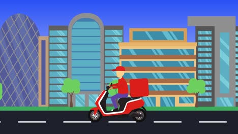 delivery motorbike running in the city, flat design animation