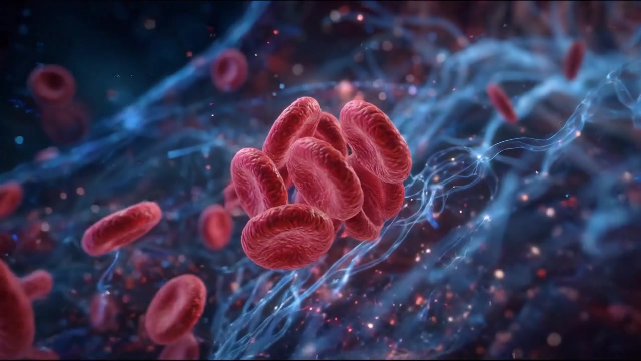 Red blood cells flowing through a blue vascular visualization in detailed footage