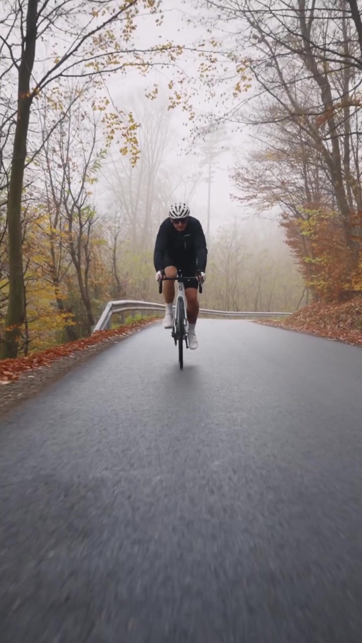 Ciclista sale in salita su una strada autunnale bagnata circondato da una foresta nebbiosa in un video verticale drammatico e suggestivo, perfetto per dispositivi mobili e reel sui social media