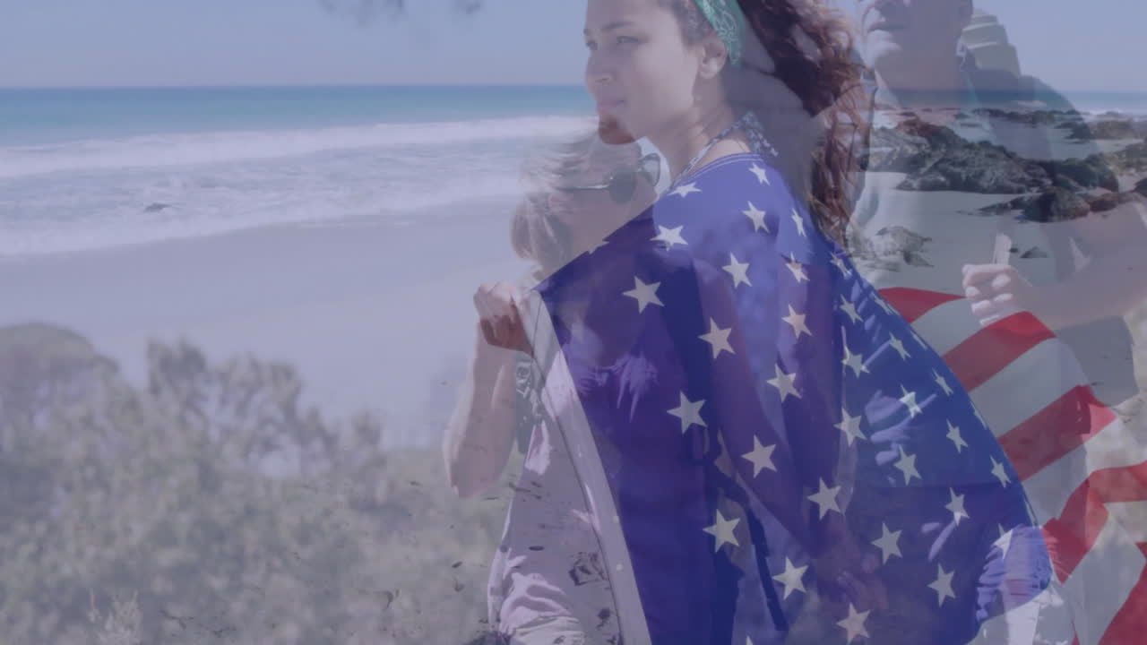 Walking on beach, people with American flag animation and ocean in background