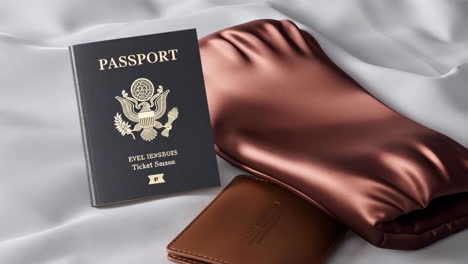 us passport, wallet, and satin bag on white cloth