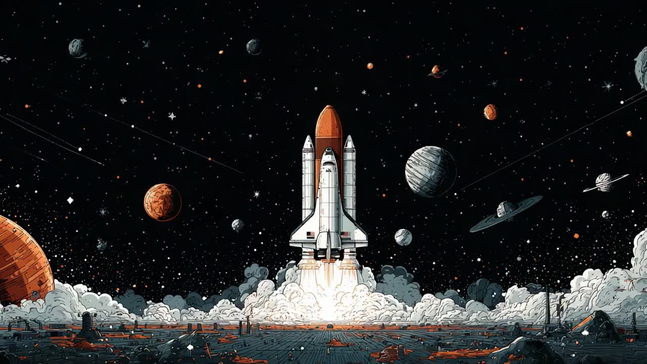 A Majestic Space Odyssey: A Rocket Launches Into the Cosmos, Leaving a Trail of Light and Energy Amidst the Stars and Planets in a Vibrant Cosmic Landscape