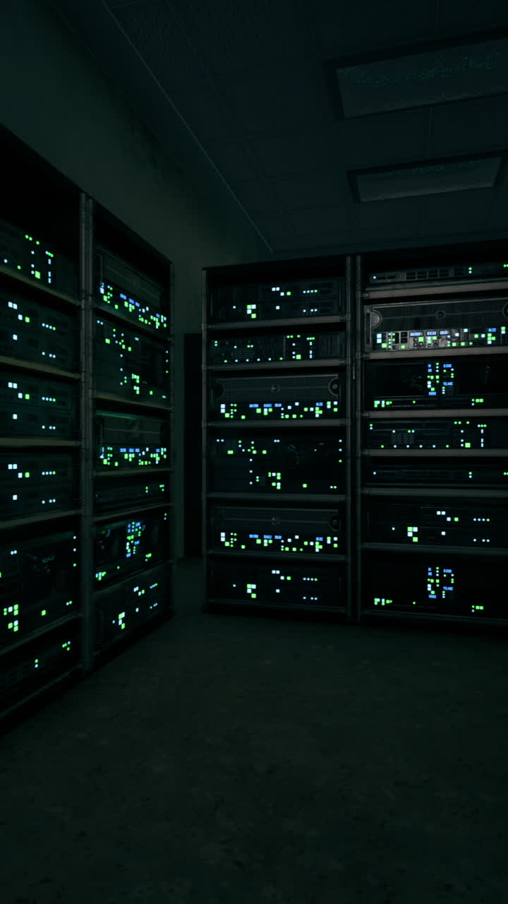 Dark server room filled with blinking lights and high tech equipment