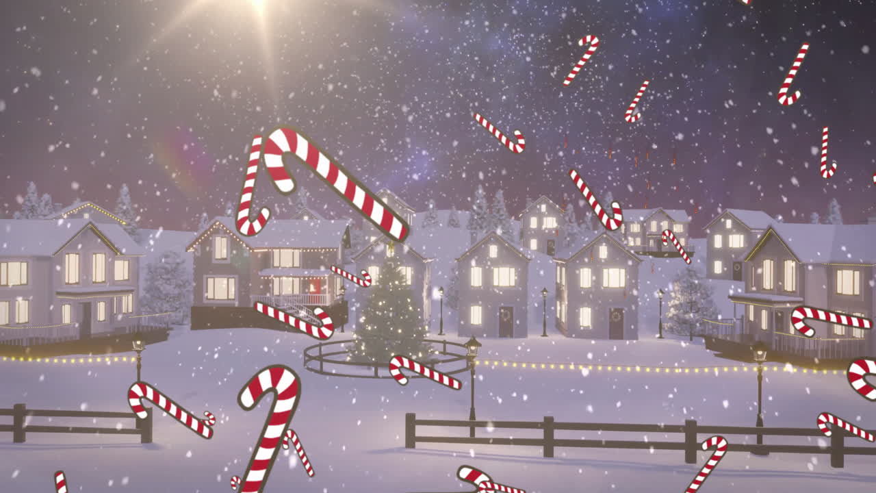 Animation of candy canes falling over snowy village with glowing houses at night