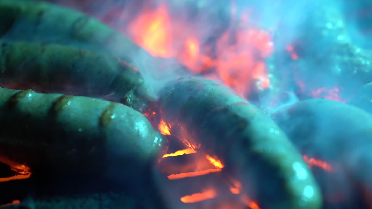 un primer plano extremo de salchichas asadas a la parrilla en una parrilla caliente con humo saliendo