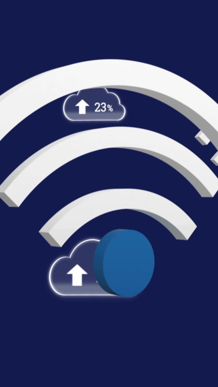 Animation of wifi icons and digital clouds with percent growing on dark blue background