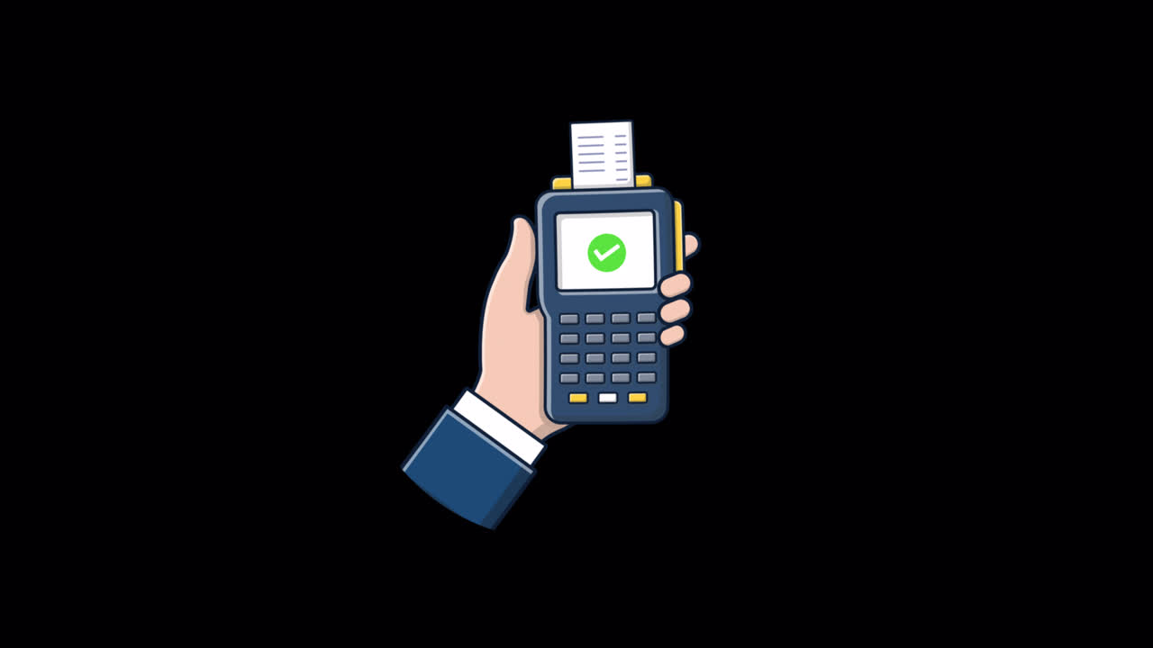 Animated Hand Holding POS Terminal with Successful Payment and Receipt
