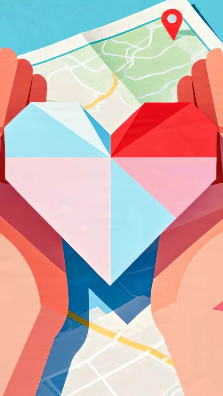 Vertical video: Closeup showing hands unfolding origami heart over map, showing heart near red pin