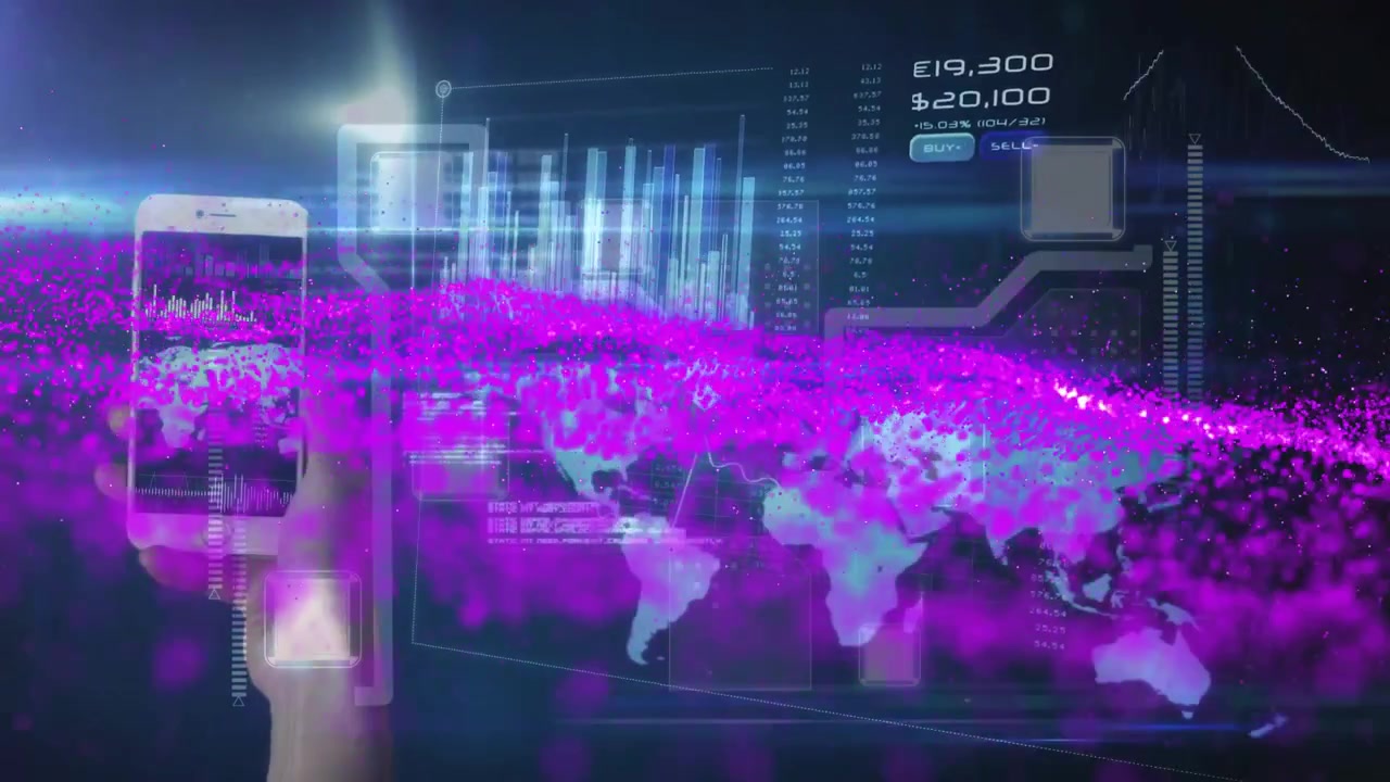 Animation of digital data visualization with world map and purple network connections
