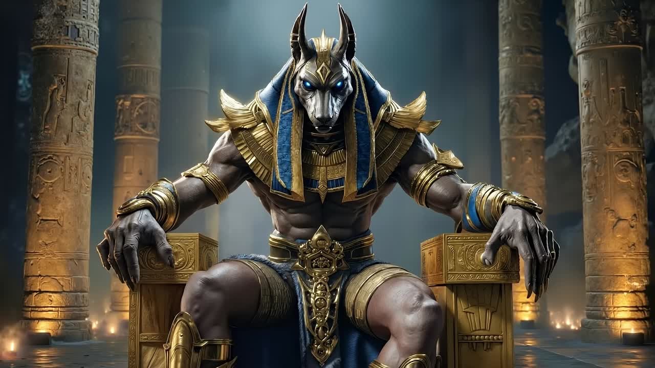 Anubis sitting on a throne in an ancient egyptian temple