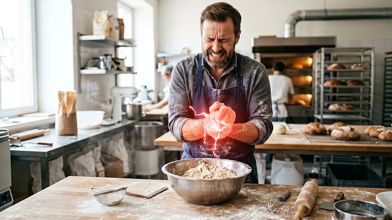 Pracownik gastronomii trzymający bolący nadgarstek podczas przygotowywania ciasta w kuchni piekarni