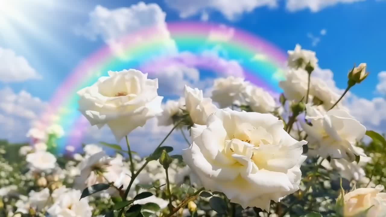 Low-angle video of white roses under a vibrant rainbow and sunny sky, capturing nature's beauty