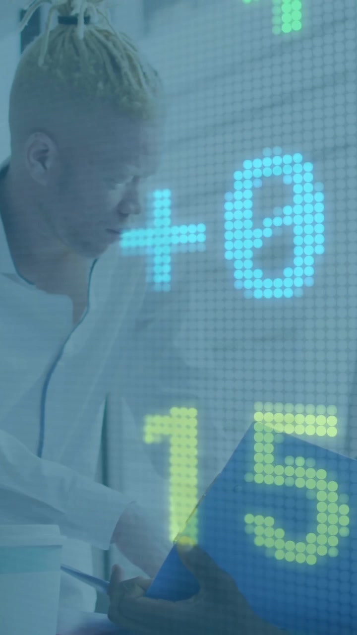 Financial data animation over business people discussing documents in office