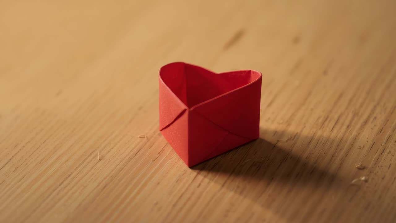 Spostamento della camera con ripresa aerea che rivela una tazza a forma di cuore origami rossa su un tavolo di legno chiaro con trucioli