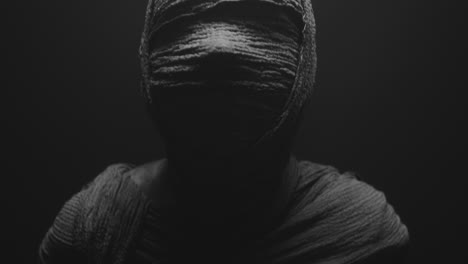 a mummy of a woman on a dark backdrop rises  and then turns her head