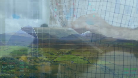 man interacting with tablet in rural landscape, displaying floating finance charts and data grids