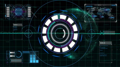 Animation of data processing and scope scanning over globe and world map