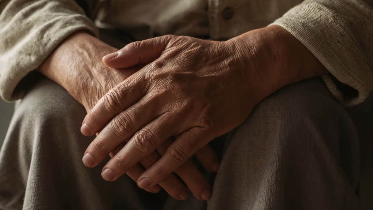 Mani anziane inizialmente congiunte che muovono le dita in grembo a casa durante il riposo, con le maniche della camicia visibili