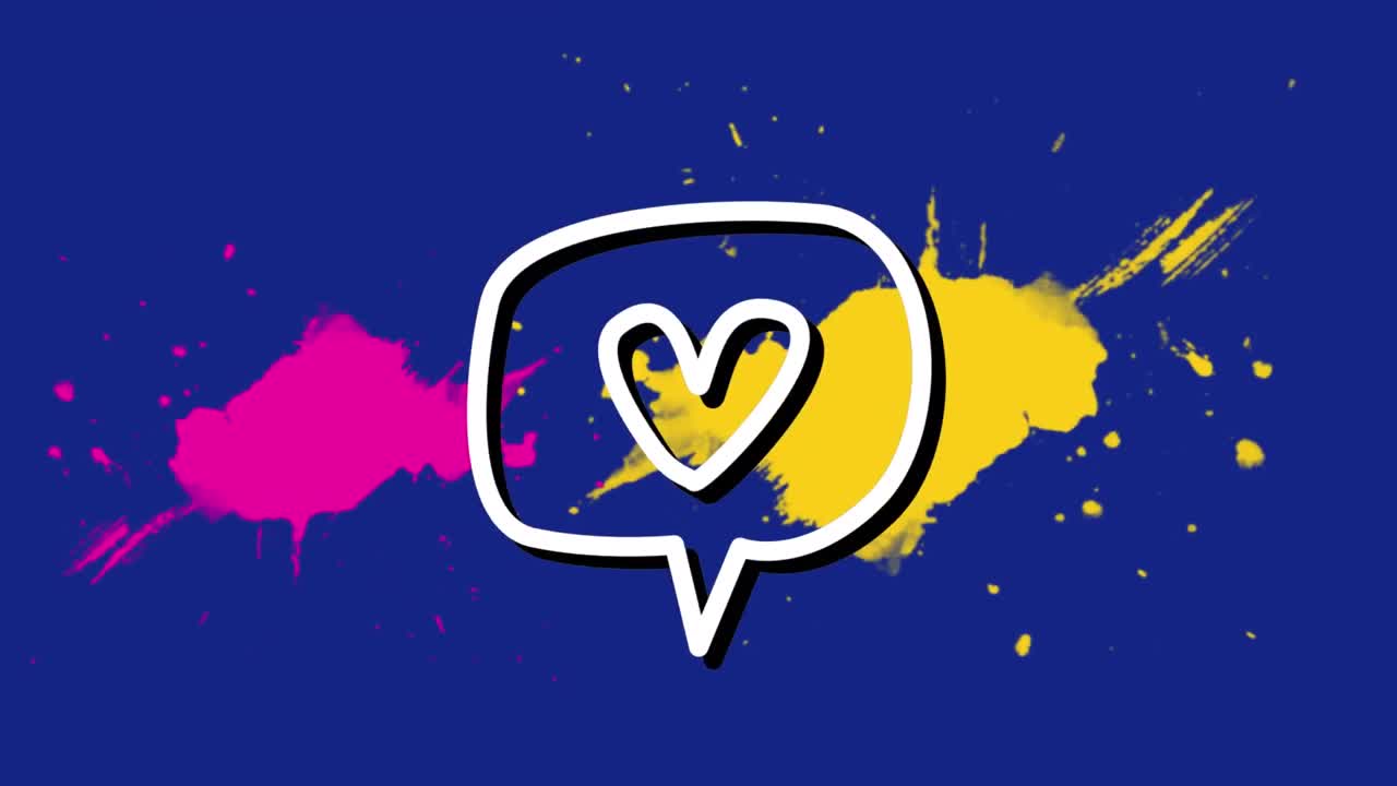 파란색 배경에 있는 다채로운 얼룩 위에 있는 음성 거품 아이콘의 애니메이션