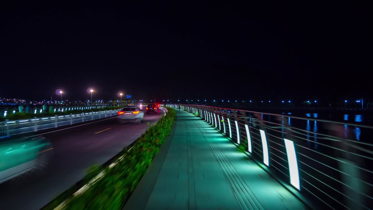 iluminación nocturna china ciudad de zhuhai famoso teatro de la ópera restaurante panorama 4k timelapse