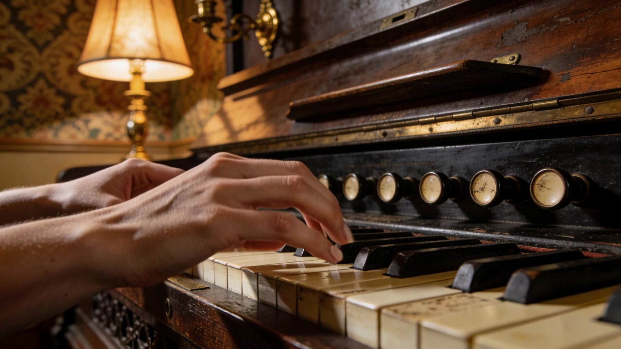 Librandosi prima di premere, mani che suonano note e accordi su un organo a pompa antico per musica alla luce di una lampada.