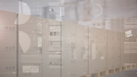 animation of statistics processing over cardboard boxes on conveyor belt in warehouse