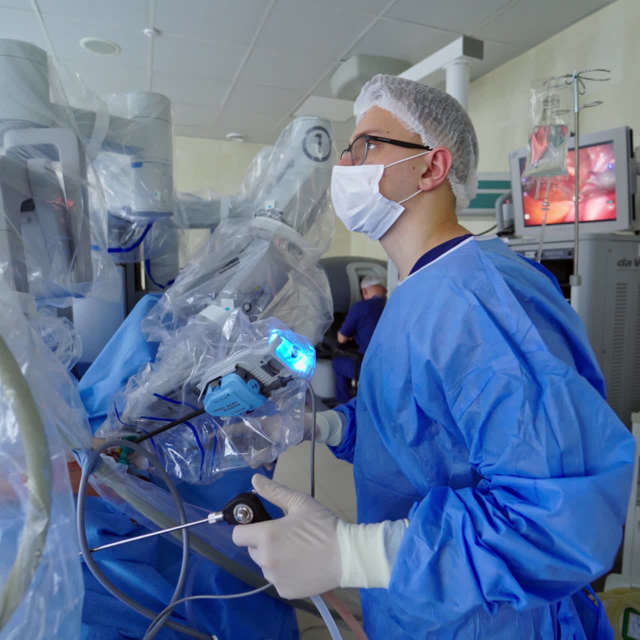 Modern surgical system. Medical robot. Minimally invasive robotic surgery. Da Vinci Surgery