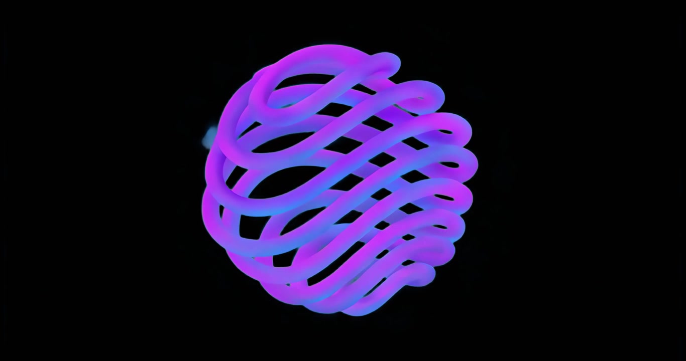 Bobina tubolare luminosa che inizia a ruotare in un vuoto oscuro, anelli scorrevoli che pulsano mostrando una forma con gradiente 3D.