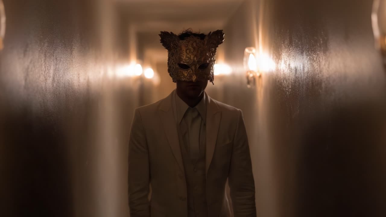 A Mysterious Figure in a Luxurious Corridor Wearing a Gold Animal Mask and Elegant White Suit, Emanating an Enigmatic Aura and Intriguing Ambiance