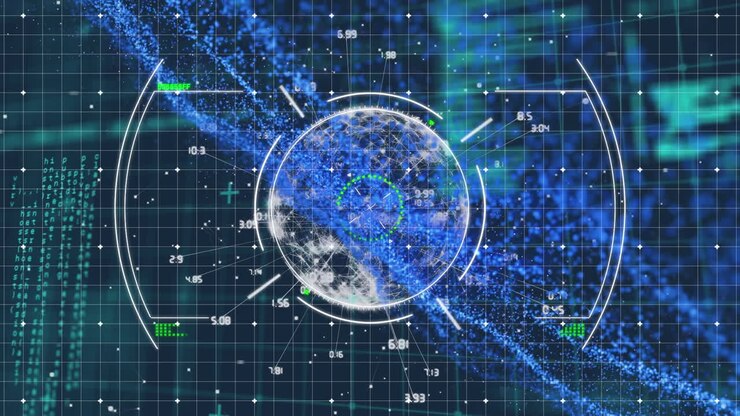 Animation of scope scanning over globe of network of connections against data processing