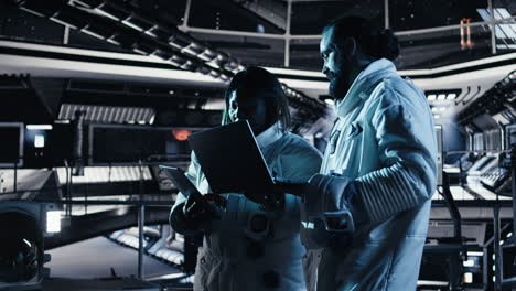 Astronaut discussing with colleague, conducting scientific experiments
