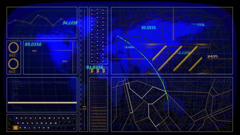 Digital data analysis and coordinates tracking animation over world map and charts